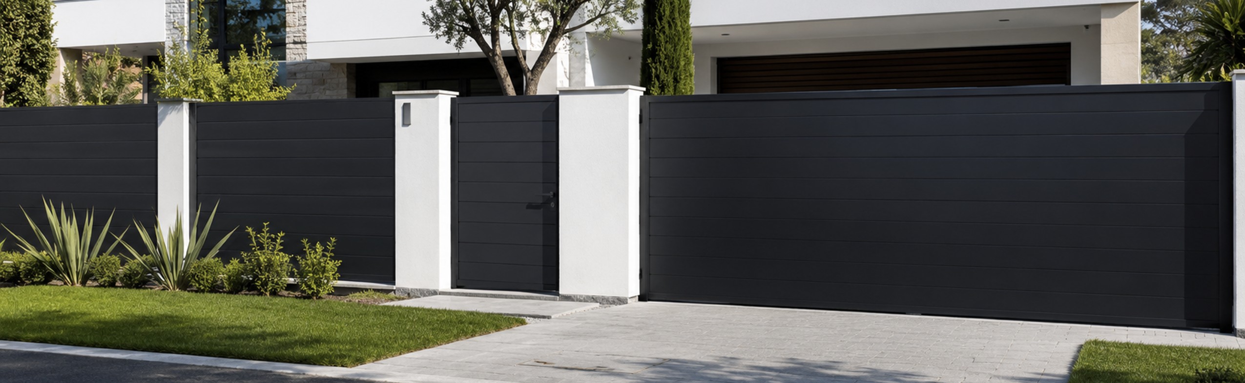 Modern black aluminum driveway gate and fence