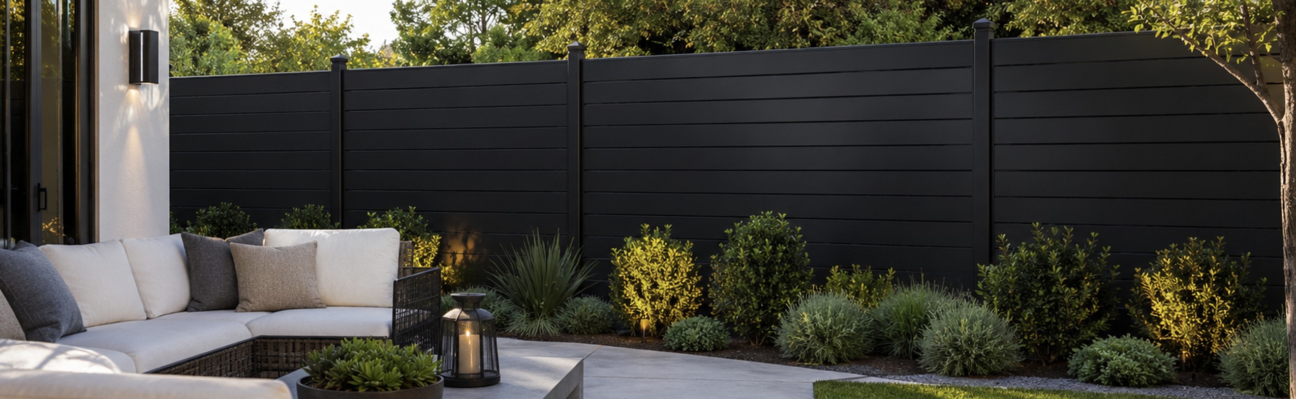 Modern black aluminum driveway gate and fence