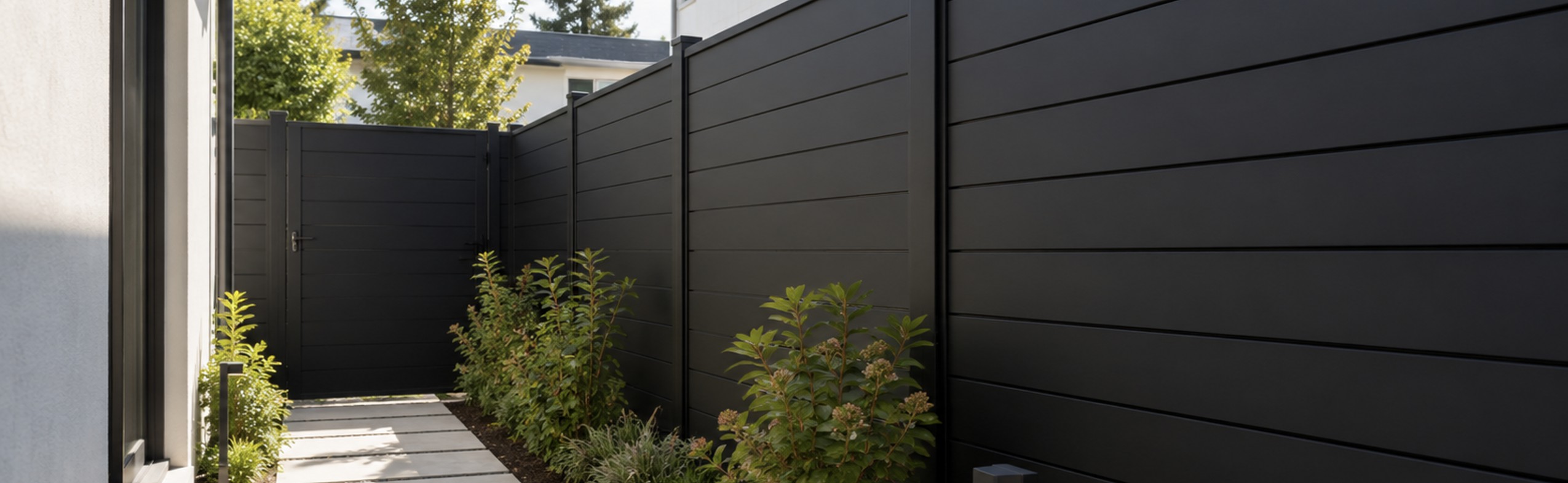 Modern black aluminum driveway gate and fence
